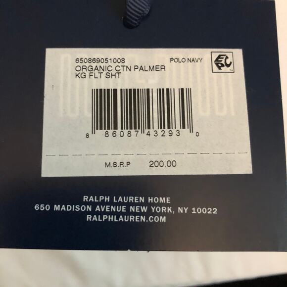 Ralph Lauren Organic Cotton Percale Palmer King Flat Sheet White Polo Navy New - Picture 10 of 10